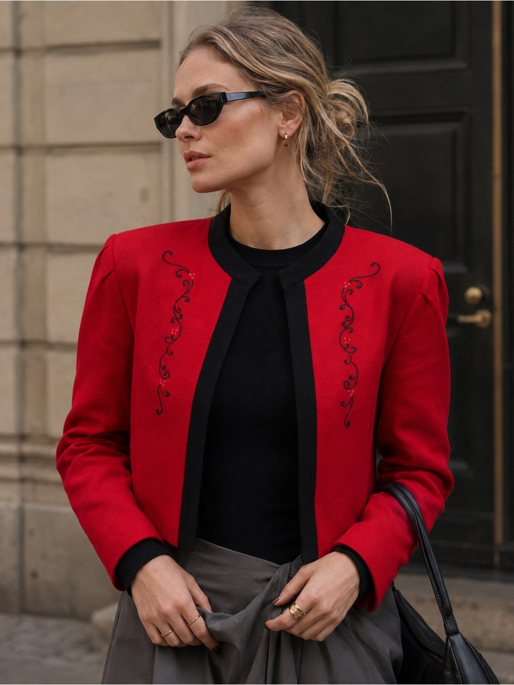 Vintage Lang Originals 100% Wool Red & Black Embroidered Cropped Jacket